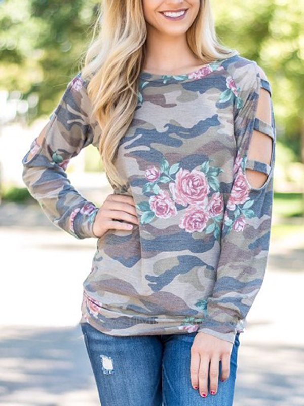 Hot Selling Camouflage Floral Hollow Out Top