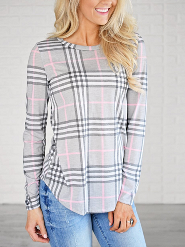 New Plaid Contrast Color Pullover Tee Shirt