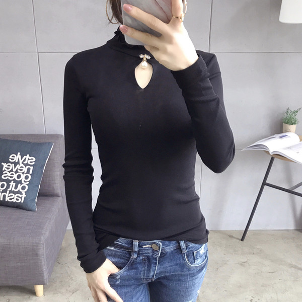 Flounced Stand Collar Keyhole Long Sleeve Tee