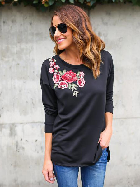 Flower Embroidery O Neck T Shirt Design