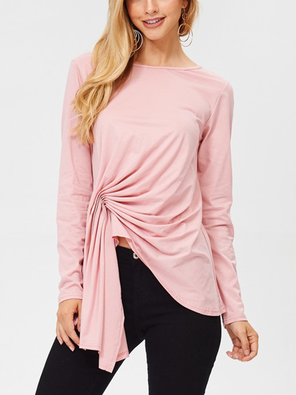 Euro Solid Round Neck Asymmetrical Long Sleeve Tee