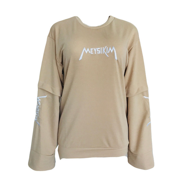 Casual Long Sleeve Letter Khaki T Shirt Design