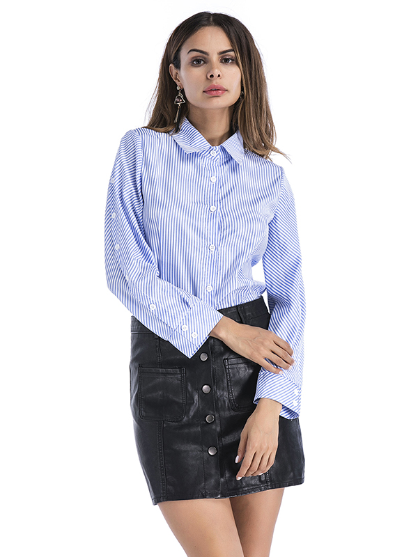 Euro Striped Lapel Single Breasted Long Sleeve Shirt