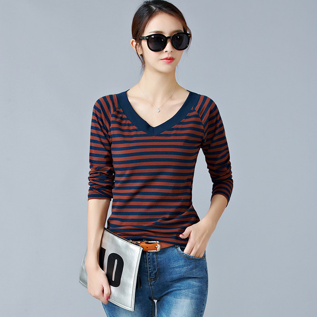 Easy Match V Neck Color Contrast Stripe Shirt