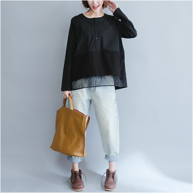 Simple Design Patchwork O Neck T Shirt