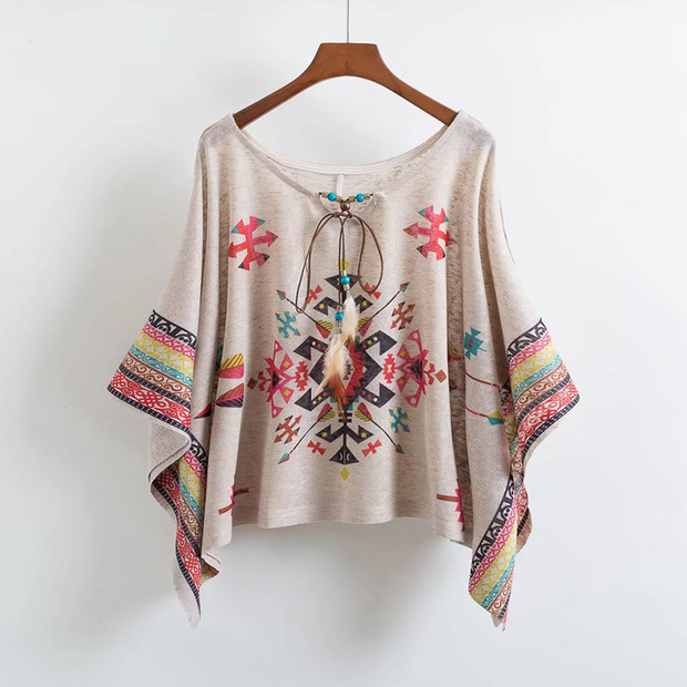 Folklore Print Loose Ladies Smock Top(3-4 Days Delivery)