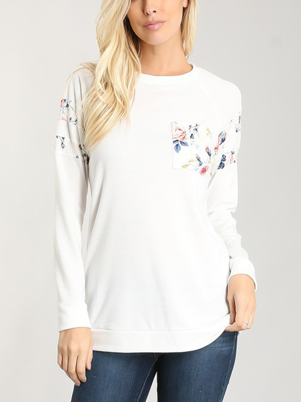 Euro O Neck Floral Design Basic Long Sleeve Tee