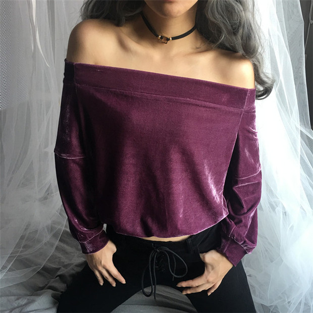 Sexy Boat Neck Solid Velvet Shirt